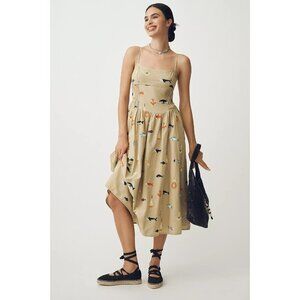 Maeve Sleeveless Square-Neck Drop-Waist Midi Dress Fish Embroidered 2X